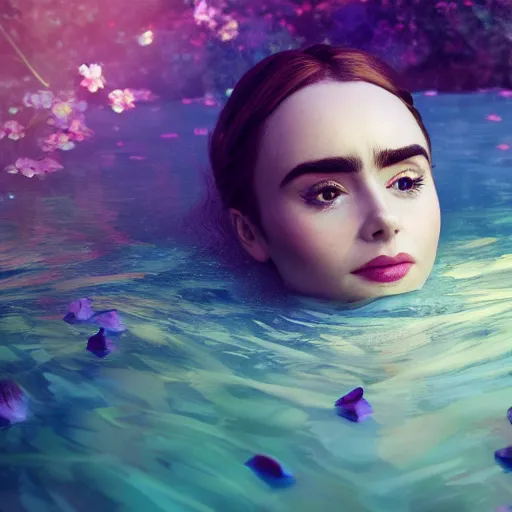 Image similar to a beautiful blonde queen girl lily collins, floating under the deep dream water, beautiful smooth soft light + white petal, oil paint, cinematic lighting, octane render, unreal engine 5, closeup, 4 k, highly detailed, instagram,