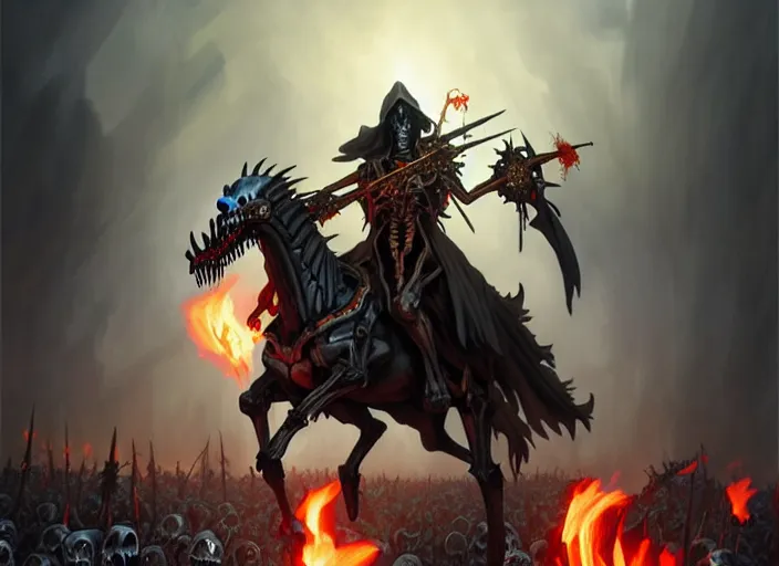 Prompt: ainz ooal gown leading his undead army to battle riding a flaming skeleton horse, skeleton soldiers in background, highly detailed, deep focus, elegant, artstation, digital painting, smooth, sharp focus, illustration, ultra realistic, 8 k, art by artgerm and greg rutkowski and alphonse mucha