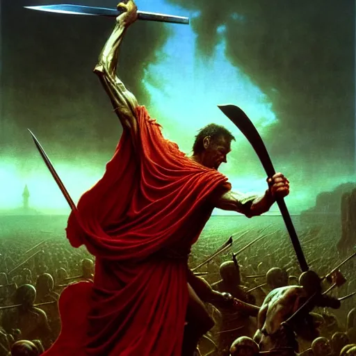 Prompt: uhd photorealistic portrait of brutus stabbing julius caesar in the back, by tim hildebrandt, wayne barlowe, bruce pennington, donato giancola, larry elmore, by zdzislaw beksinski, arthur rackham, dariusz zawadz masterpiece, trending on artstation, cinematic composition, dramatic pose, studio lighting, hyperdetailed