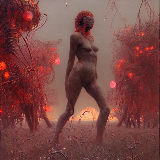 Prompt: A woman wearing clothes made out of thunder clouds and flowers, giant monsters walking in the background, red skin, Masterpiece, glowing, wires everywhere, by Edgar Maxence and Ross Tran, Zdzisław Beksiński, and Michael Whelan, distant, gustav dore, H.R. Giger, 8k, octane render