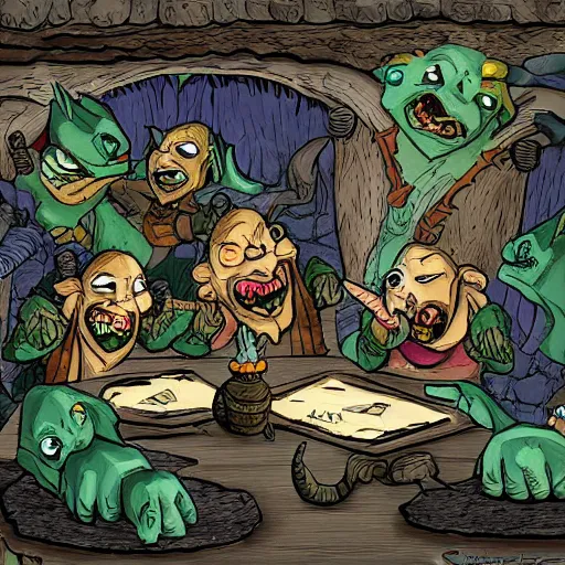 Image similar to goblins having a party, d&d inspired digital artwork