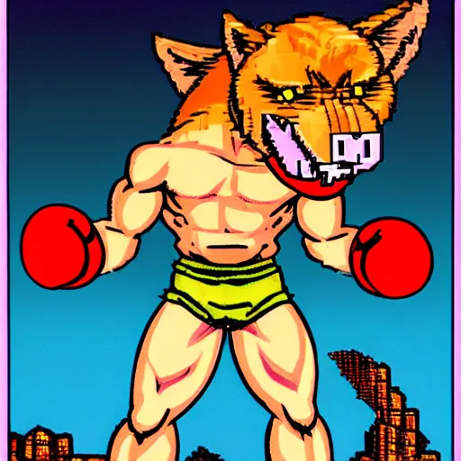 Prompt: full body portrait. 1 6 bit sega graphics. antropomorphic muscular masculine wolf, kickboxer fighter, in shorts, in front of destroyed city. wolf head. furr on body. at night. 1 9 8 9