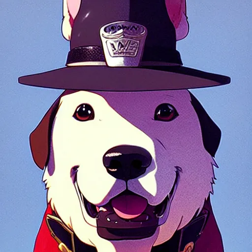 Image similar to dog as a mall cop, wearing a fun hat, makoto shinkai ghibli takashi takeuchi yoshiyuki sadamoto jamie wyeth james gilleard greg rutkowski chiho aoshima
