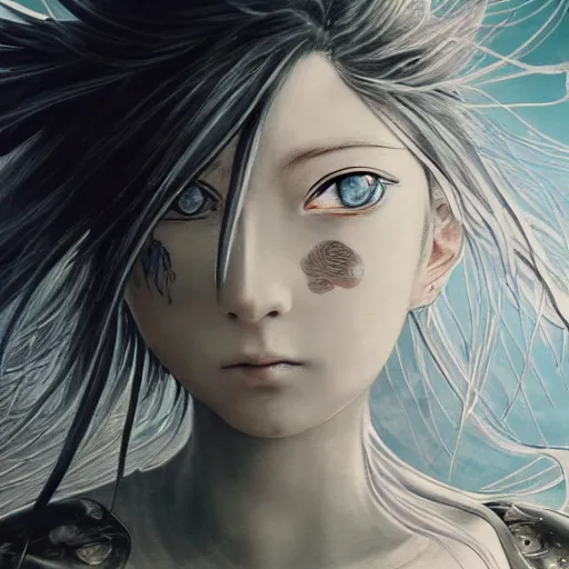 Image similar to Yoshitaka Amano realistic illustration of an anime girl with black eyes, wavy white hair fluttering in the wind and cracks on her face wearing Elden ring armour with engraving, abstract black and white patterns on the background, noisy film grain effect, highly detailed, Renaissance oil painting, weird portrait angle, blurred lost edges, three quarter view