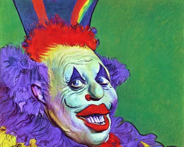 Image similar to The Clown Frog King welcomes you Clown World, painting by Henri de Toulouse-Lautrec, clown frog king in clown makeup and rainbow wig, chaotic