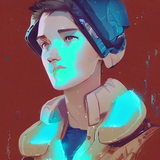 Image similar to highly detailed portrait of an electric woman wearing a snow coat and hologram visor, by atey ghailan, by greg rutkowski, by greg tocchini, by james gilleard, by joe fenton, by kaethe butcher, gradient blue, black, brown and cyan color scheme, grunge aesthetic!!! ( ( graffiti tag wall background ) )