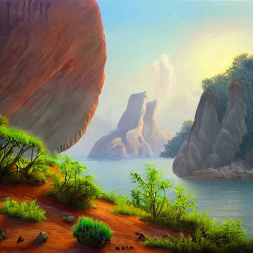 Image similar to painting of a lush natural scene on an alien planet by igor grabar. beautiful landscape. weird vegetation. cliffs and water.