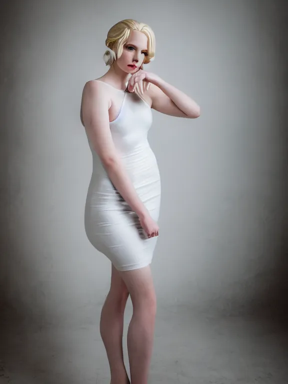 Image similar to 2 8 mm studio photo of gorgeous seductive emily skinner cosplaying annie leonhart wearing tight white dress, beautiful face, pale skin, rule of thirds, cinematic lighting, sharp focus, backlit, stunning, smooth, hard focus, glamour pose, full body shot