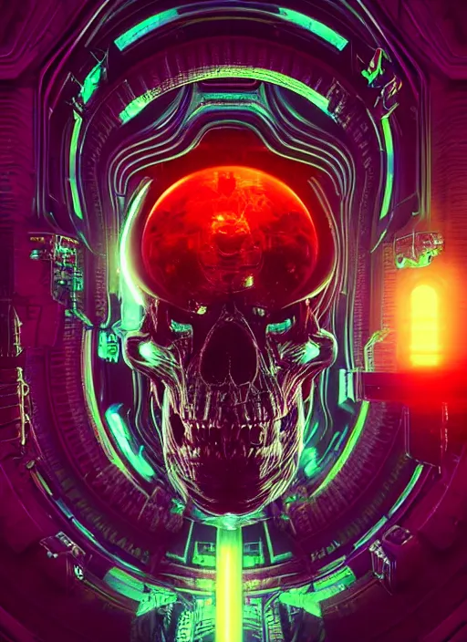 Image similar to a futuristic skull with glowing eyes and a wormhole tunnel, cyberpunk art by android jones, behance contest winner, computer art, darksynth, synthwave, rendered in cinema 4 d