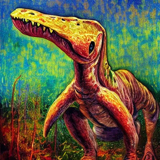 Image similar to impressionist painting of a dinosaur made of mushrooms