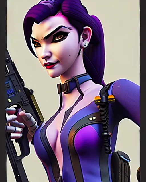 Image similar to widowmaker from overwatch, intricate details, highly detailed, in the style of gta game cover art