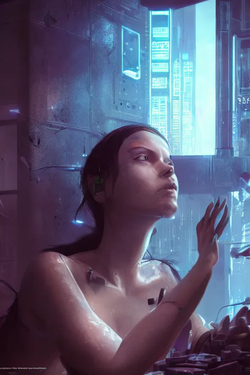 Prompt: a cyberpunk woman awakening from a test tube, opening her eyes for the first time, conceiving the dystopian world around her, illustrated by greg rutkowski, roger magrini, and leticia gillett, intricately defined, complexly detailed, dramatic lighting, envious atmosphere, daz 3 d, unreal engine 5, cgsociety contest winner, 4 k