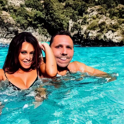 Image similar to photo of a 4 0 year old man that looks young for his age dating a very attractive 2 2 year old woman wearing a bikini. they are swimming.