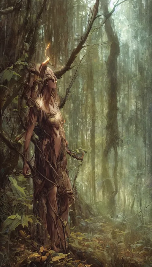 Image similar to Realistic painting of a high fantasy wood elf wizard in a magical forest clearing by Greg Rutkowski, Boris Vallejo, Artgerm, Donato Giancola, Jean Baptiste Monge, dramatic lighting