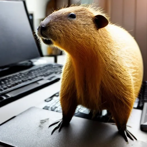Image similar to a capybara in front of a computer holding a computer