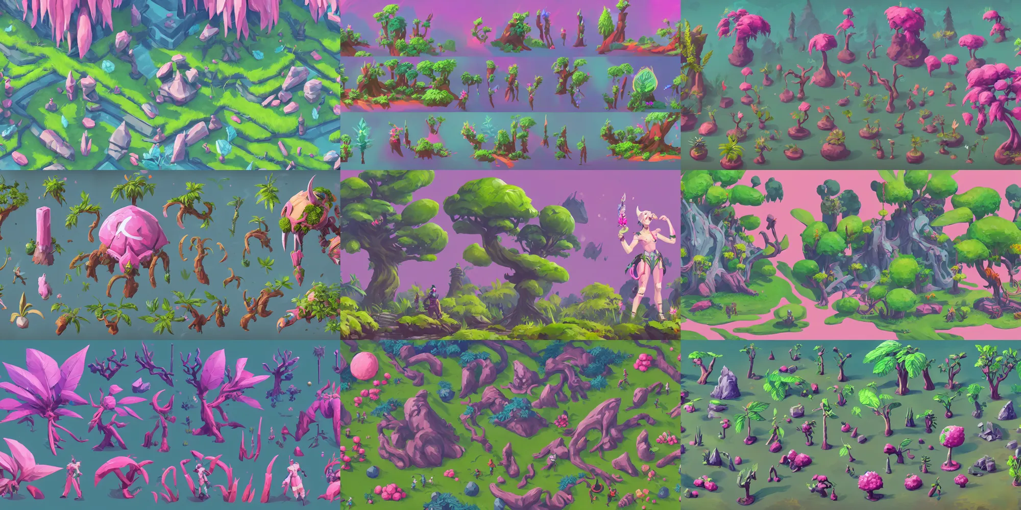 Prompt: game asset of exotic plants and trees, nature, in gouache detailed paintings, props, stylized, 2 d sprites, kitbash, arcane, overwatch, blue and pink color scheme, 8 k, close up