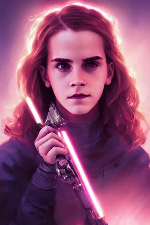 Image similar to portrait of cyborg Emma Watson as Hermione Granger in cyberpunk, neon lighting, night city, digital art from artstation by Ruan Jia and Mandy Jurgens and Artgerm and william-adolphe bouguereau and Greg Rutkowski and Wayne Barlowe