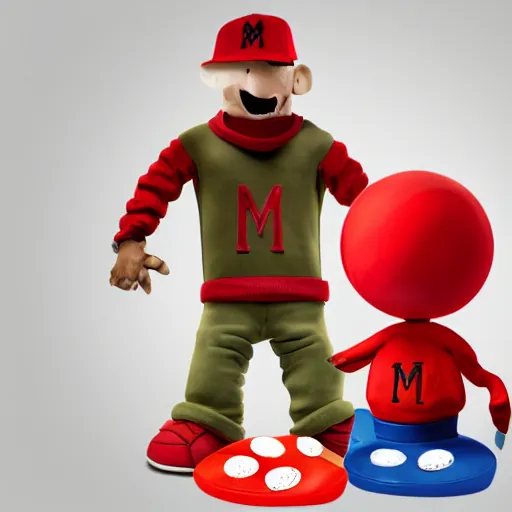 Prompt: eminem as the red m character standing on a floor covered with m & m candies, head with arms and legs, no body, red sphere wearing a baseball hat, m & m candy dispenser!!!, round red m & m figure m & m plush, unreal engine, studio lighting, unreal engine, volumetric lighting, artstation, cosplay, by hans bellmer