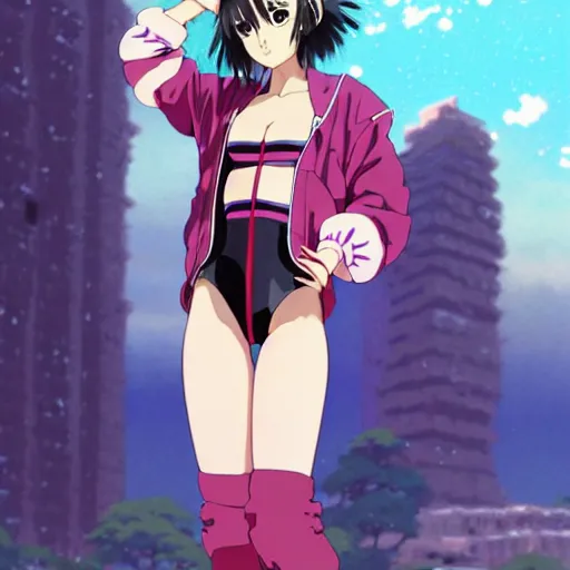 Image similar to a beautiful natalie portman as an anime boy gravure model, wearing oversized mayan bomber jacket and leotard with overalls, bulky poofy bomber jacket with mayan patterns, aztec street fashion, gapmoe yandere grimdark, trending on pixiv fanbox, painted by greg rutkowski makoto shinkai takashi takeuchi studio ghibli, akihiko yoshida