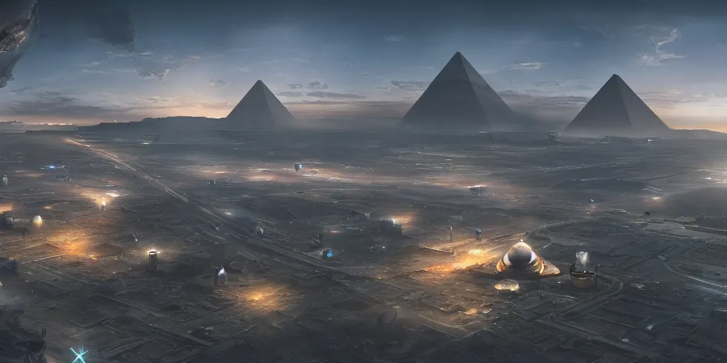 Image similar to a beautiful view of a spaceport at the pyramids, matte painting, cinematic lighting, hyper - detailed, 4 k, scifi