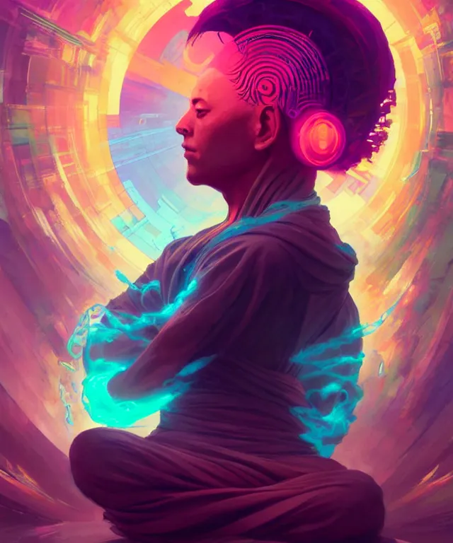 Image similar to a floating monk, meditating, wearing netrunner clothing, vaporwave aesthetic, colorful, psychedelic, digital painting, artstation, concept art, smooth, sharp focus, illustration, art by artgerm and greg rutkowski and alphonse mucha