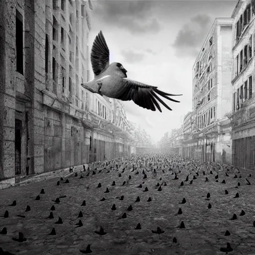 Image similar to pigeons bombing the city of Athens, black and white, extremely high detail, photorealistic, cinematic lighting, artstation, octane render, art by Zdzisław Beksiński