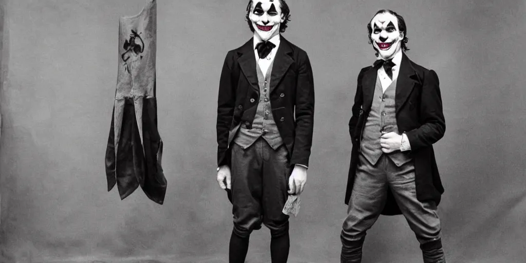 Image similar to joker wearing clothes in the style of directoire style, photograph, grinning, creepy,