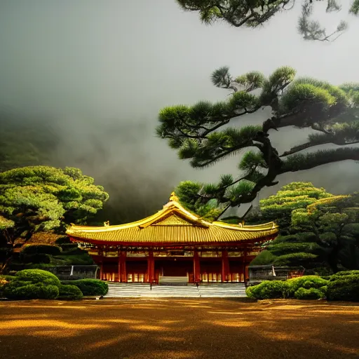 Prompt: detailed photo of a Japanese temple in the morning with mist around the ground, cinematic, golden ratio, beautiful, high detail