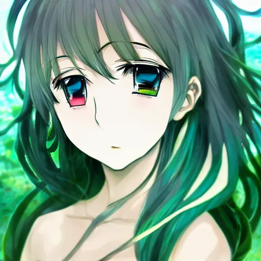 Image similar to anime girl wrapped in seaweed, anime art, trending on artstation, cute