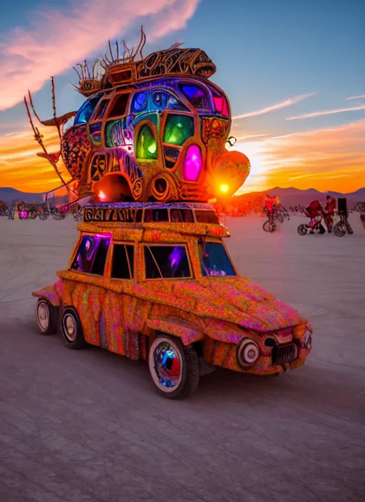 Image similar to burning man art car, sunset, 4 k