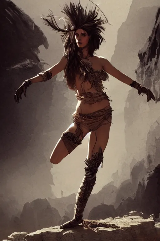 Image similar to a full body portrait of a beautiful post apocalyptic offworld desert bedouin thief savage rogue in ballet pose by the emerald oasis pools, intricate, elegant, highly detailed, digital painting, artstation, concept art, smooth, sharp focus, illustration, art by krenz cushart and artem demura and alphonse mucha