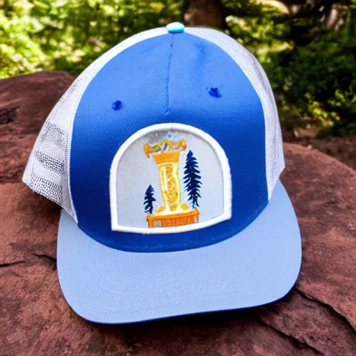 Image similar to the Sphinx in Egypt wearing a blue and white Dipper Pines hat with a blue pine tree logo