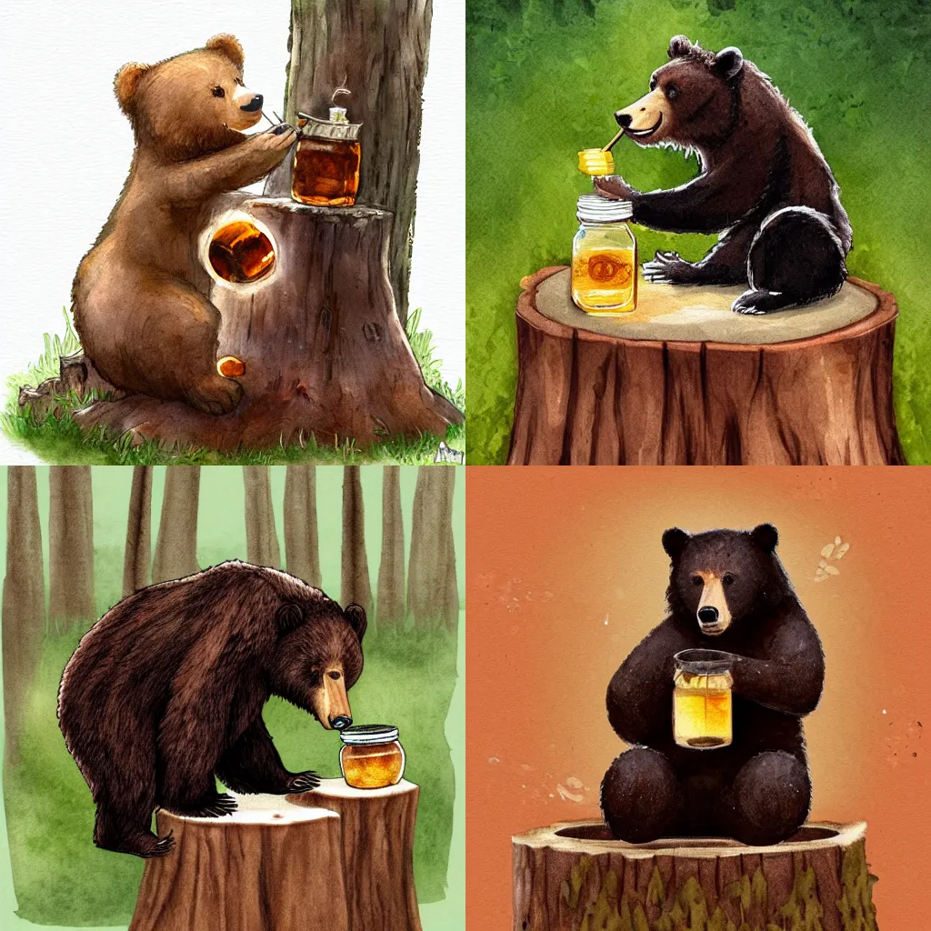 Prompt: bear eating honey from a jar while sitting on an old tree stump, full shot, digital watercolor art, artstation