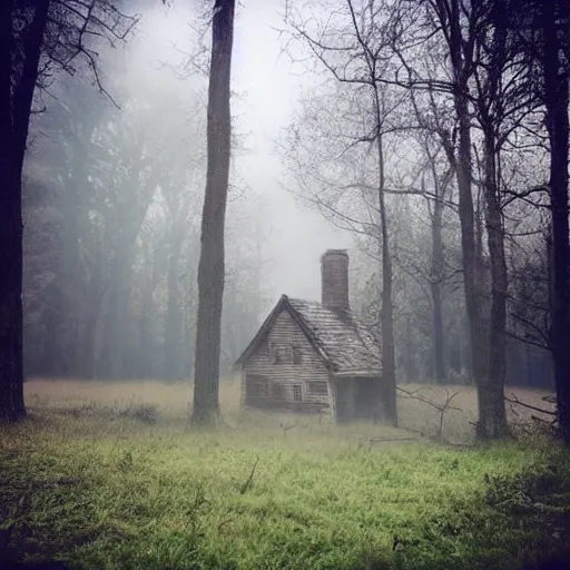 Image similar to lost house in the woods. foggy. eerie.