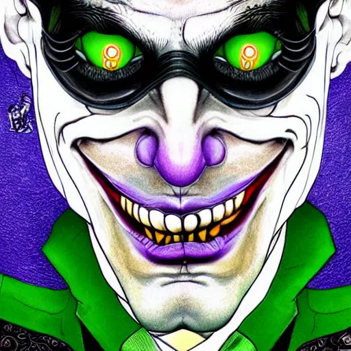 Image similar to an extremely psychedelic portrait of the riddler as the joker, surreal, lsd, face, detailed, intricate, elegant, lithe, highly detailed, digital oth, sharp focus, illustration,