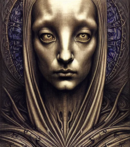 Prompt: detailed realistic beautiful young medieval alien robot grimez face portrait by jean delville, gustave dore and marco mazzoni, art nouveau, symbolist, visionary, gothic, pre - raphaelite. horizontal symmetry by zdzisław beksinski, iris van herpen, raymond swanland, zaha hadid and alphonse mucha. highly detailed, hyper - real, beautiful