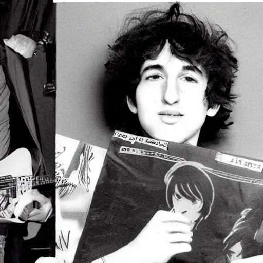 Prompt: young bob dylan holding an anime dakimakura, music cover art.