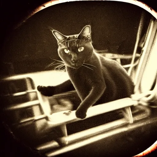 Image similar to black cat in a rollercoaster. the cat looks happy. sunlight. polaroid photo. sepia. grainy.