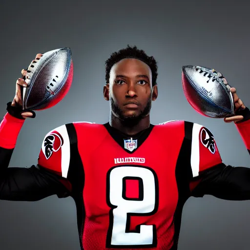 Prompt: desmond riddler wearing his falcons uniform holding the superbowl trophy above his head in celebration. photography. realistic. sports photography.