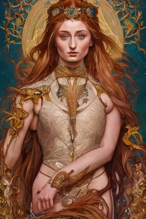 Image similar to Sophie Turner as a Goddess of the Universe, cute, fantasy, intricate, elegant, highly detailed, digital painting, 4k, HDR, concept art, smooth, sharp focus, illustration, art by artgerm and H R Giger and alphonse mucha