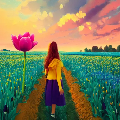 Image similar to girl with a giant tulip head, surreal photography, flower field, sunset dramatic light, impressionist painting, colorful clouds, blue sky, digital painting, artstation, simon stalenhag