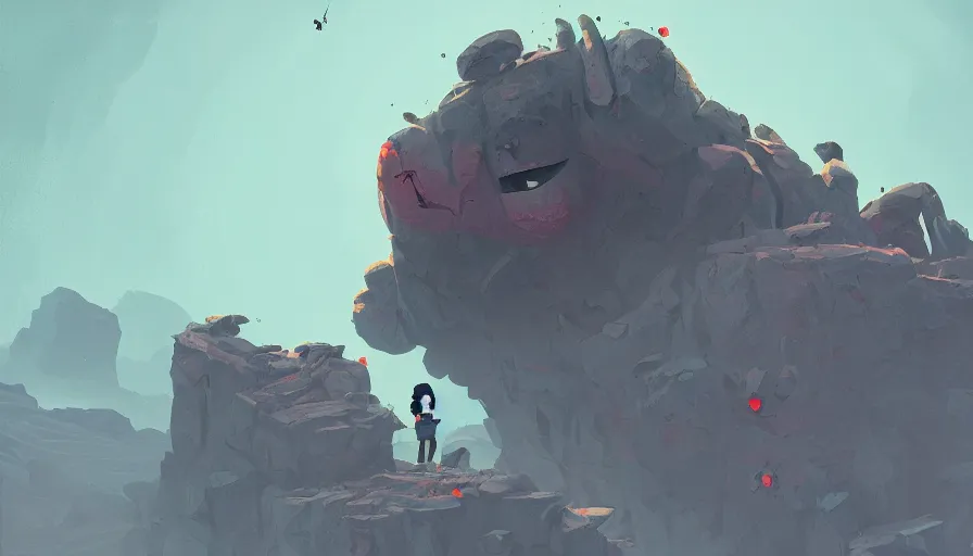 Image similar to rock monster, true evil, dormant, broken, calling a traveller nearby, sharp focus, james gilleard, cinematic, game art, extremely detailed digital painting, print