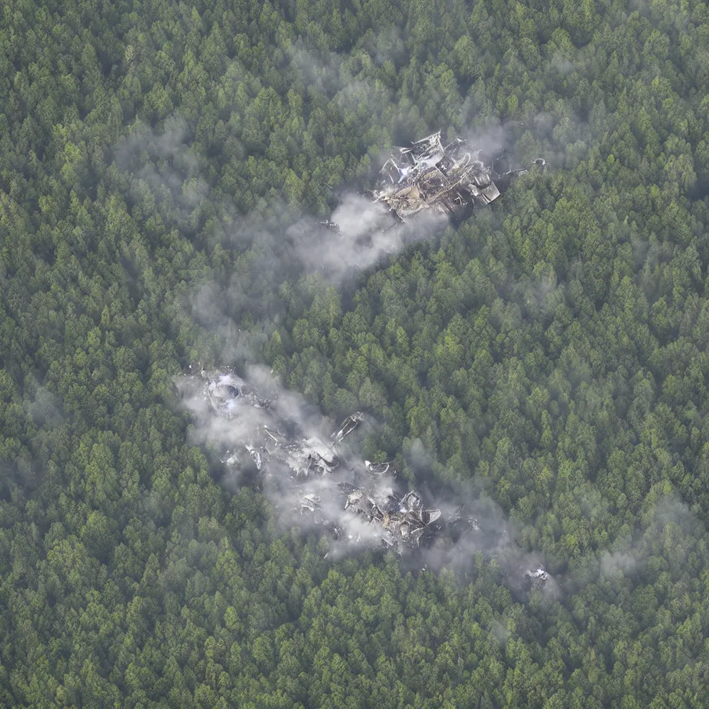 Prompt: wreckage of a large spaceship crashed in the middle of a German forest, aerial view, photorealistic, concept art, mist, atmospheric, NASA