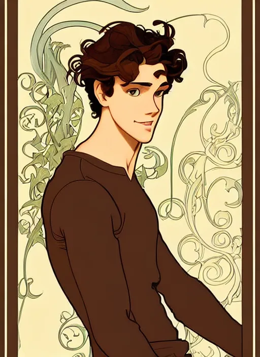 Image similar to art nouveau portrait of a handsome young man with curly medium length light brown hair, brown eyes, aloof, t - shirt, natural lighting, path traced, highly detailed, high quality, cartoon, digital painting, by don bluth and ross tran and studio ghibli and alphonse mucha