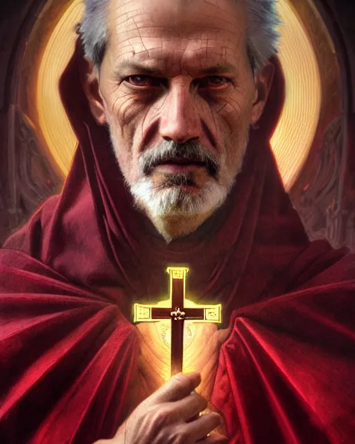 Image similar to realistic portrait of a nasty bishop, cross, evil, heroic pose, beautiful face, bible, full body, dramatic lighting, intricate, wild, highly detailed, digital painting, artstation, concept art, smooth, sharp focus, illustration, art by artgerm and greg rutkowski and alphonse mucha, footage from space camera