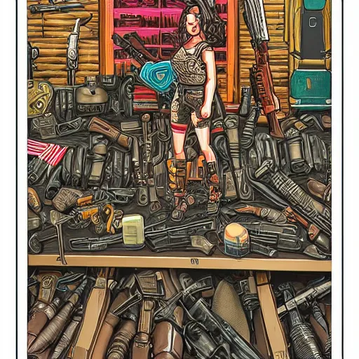 Image similar to artwork of toy plastic doll next to weapons, hand grenades, rpg, by dan mumford, beautiful, extremely detailed linework