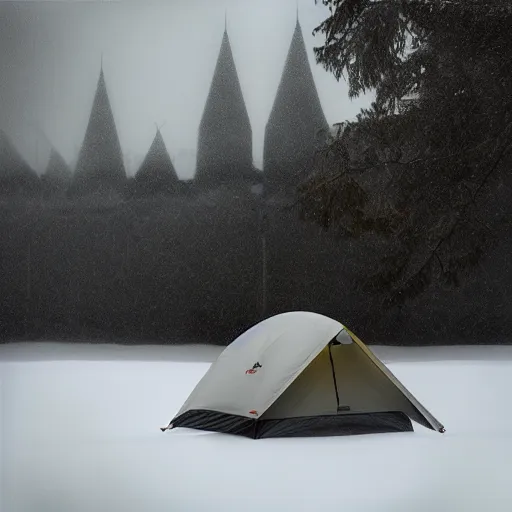 Image similar to tent, camping on top of a tower, in an ice storm, hyperrealism