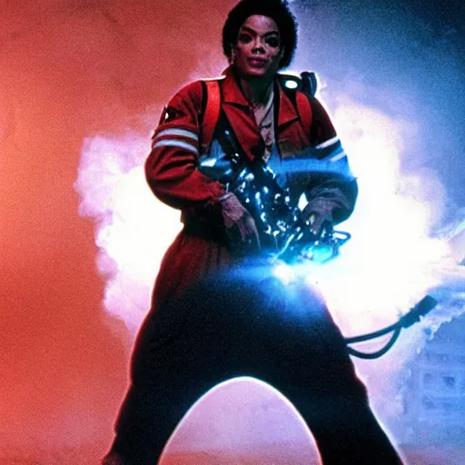 Image similar to stunning awe inspiring michael jackson as a ghostbuster in the movie ghostbusters, movie still 8 k hdr atmospheric lighting