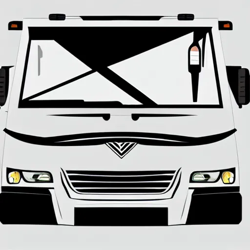 Prompt: very very very stylized minimal vector graphic of a white and black thor chateau motorhome, highway, mountains and sunset!!, white background, all enclosed in a circle, dramatic, professional minimal graphic design cartoon, award winning