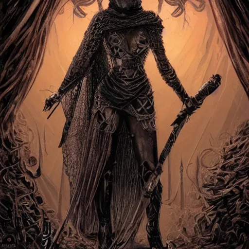 Prompt: a warrior woman in a hooded dark robe with her face is covered in a chain - mail veil, facing forward, standing in a fighting stance holding a long staff in her hands, intricate, elegant, highly detailed, smooth, sharp focus, detailed face, high contrast, graphic novel, art by ardian syaf and pepe larraz,